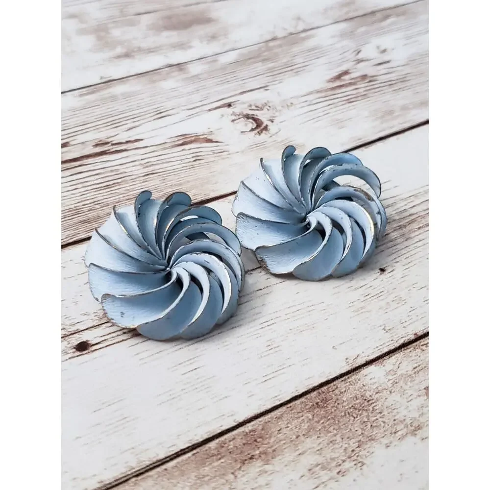 Vintage Clip On Earrings - Large Light Blue Metal Statement Earrings 1 & 3/8